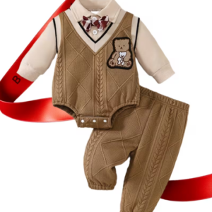 Knitted Faux Two-Piece Vest with Cartoon Bear Patch Bodysuit