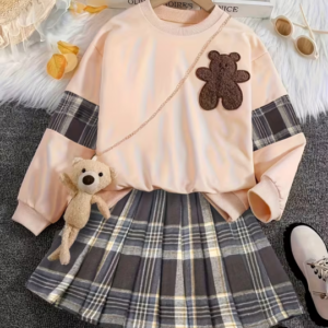 Round Neck Long Sleeve Top with College Style Skirt